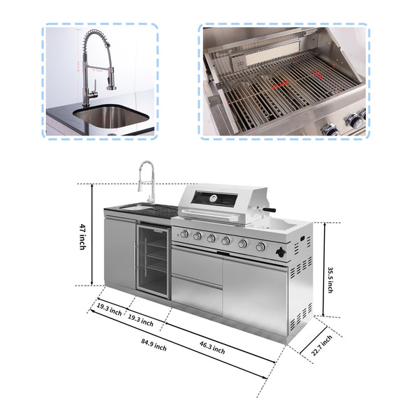 CheryLife 85-Inch 4-Burner 72000 BTU Deluxe Stainless Steel Gas Outdoor Kitchen Bar Barbecue Island Grill + Wine Cooler Compact Refrigerator + Rotisserie kit + Granite Countertops + Stainless steel Sink