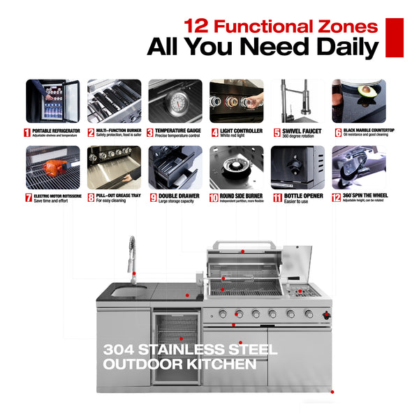 CheryLife 85-Inch 4-Burner 72000 BTU Deluxe Stainless Steel Gas Outdoor Kitchen Bar Barbecue Island Grill + Wine Cooler Compact Refrigerator + Rotisserie kit + Granite Countertops + Stainless steel Sink