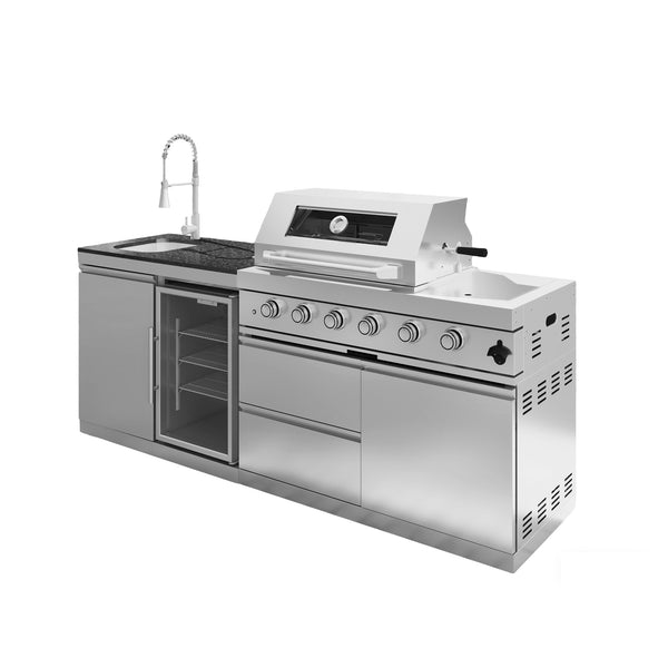 CheryLife 85-Inch 4-Burner 72000 BTU Deluxe Stainless Steel Gas Outdoor Kitchen Bar Barbecue Island Grill + Wine Cooler Compact Refrigerator + Rotisserie kit + Granite Countertops + Stainless steel Sink