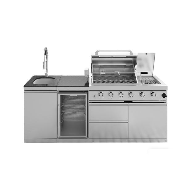 CheryLife 85-Inch 4-Burner 72000 BTU Deluxe Stainless Steel Gas Outdoor Kitchen Bar Barbecue Island Grill + Wine Cooler Compact Refrigerator + Rotisserie kit + Granite Countertops + Stainless steel Sink