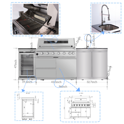 Cherylife 85-Inch 6-Burner 85,000 BTU Gas Grill Island – Outdoor Kitchen with Wine Cooler, Refrigerator, Rotisserie, Granite Countertops & Storage