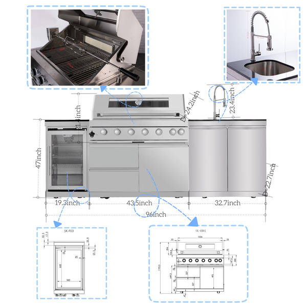 Cherylife 85-Inch 6-Burner 85,000 BTU Gas Grill Island – Outdoor Kitchen with Wine Cooler, Refrigerator, Rotisserie, Granite Countertops & Storage
