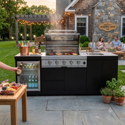 Cherylife 98-Inch 4-Burner 72,000 BTU Gas Grill Island – Outdoor Kitchen with Refrigerator, Wine Cooler, Rotisserie, Stainless Steel Countertop & Storage