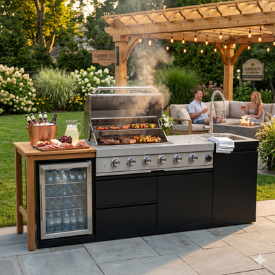 Cherylife 85-Inch 4-Burner 72,000 BTU Gas Grill Island – Outdoor Kitchen with Wine Cooler, Refrigerator, Rotisserie, Stainless Steel Countertop & Storage