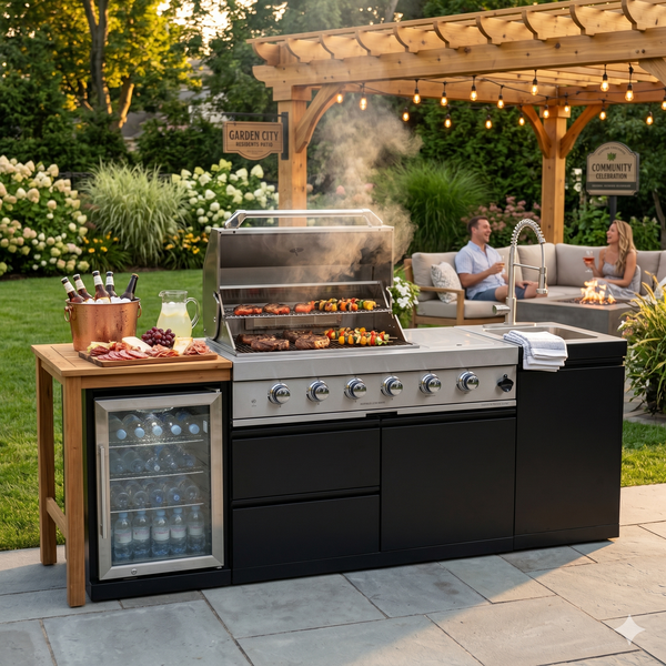 Cherylife 85-Inch 4-Burner 72,000 BTU Gas Grill Island – Outdoor Kitchen with Wine Cooler, Refrigerator, Rotisserie, Stainless Steel Countertop & Storage