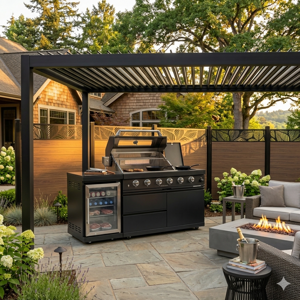 Cherylife 65-Inch 4-Burner 85,000 BTU Natural Gas Grill Island – Outdoor Kitchen with Wine Cooler, Compact Refrigerator, Rotisserie & Granite Countertops