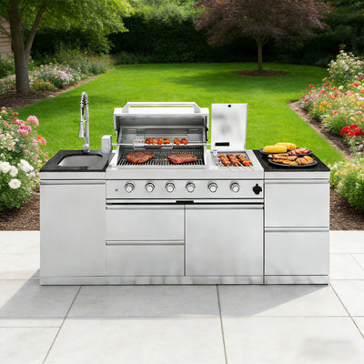 Cherylife 85-Inch 4-Burner 72,000 BTU Gas Grill Island – Outdoor Kitchen with Rotisserie, Granite Countertops, Stainless Steel Sink & Storage