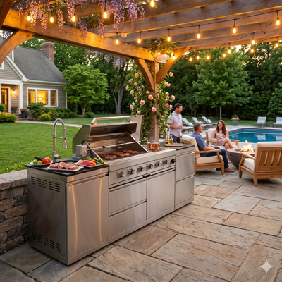 Cherylife 85-Inch 4-Burner 72,000 BTU Gas Grill Island – Outdoor Kitchen with Rotisserie, Granite Countertops, Stainless Steel Sink & Storage