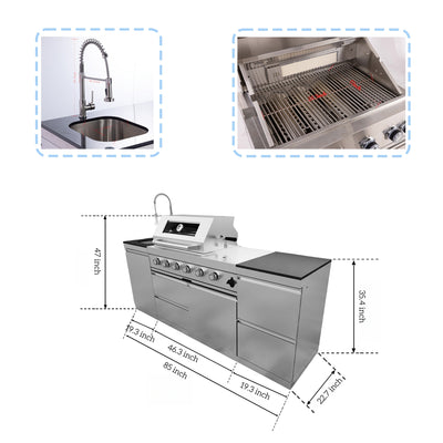 Cherylife 85-Inch 4-Burner 72,000 BTU Gas Grill Island – Outdoor Kitchen with Rotisserie, Granite Countertops, Stainless Steel Sink & Storage
