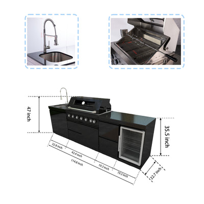 Cherylife 115-Inch 6-Burner 85,000 BTU Gas Grill Island – Outdoor Kitchen with Wine Cooler, Refrigerator, Rotisserie, Granite Countertops & Sink