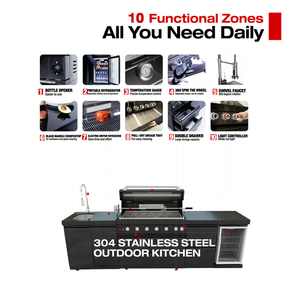Cherylife 115-Inch 6-Burner 85,000 BTU Gas Grill Island – Outdoor Kitchen with Wine Cooler, Refrigerator, Rotisserie, Granite Countertops & Sink
