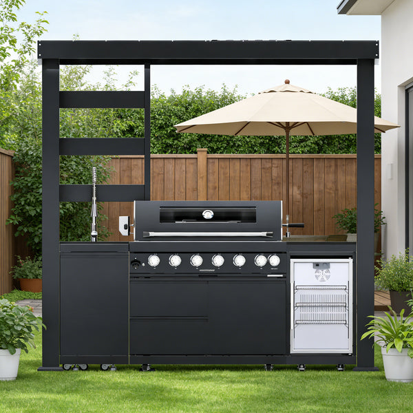 CheryLife 94-Inch 6-Burner 85000 BTU Deluxe Stainless Steel Gas Outdoor Kitchen Bar Barbecue Island Grill + Wine Cooler Compact Refrigerator + Rotisserie + Granite Countertops + Storage Cabinets & Drawers