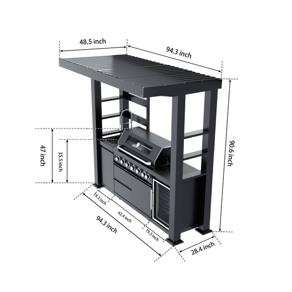 CheryLife 94-Inch 6-Burner 85000 BTU Deluxe Stainless Steel Gas Outdoor Kitchen Bar Barbecue Island Grill + Wine Cooler Compact Refrigerator + Rotisserie + Granite Countertops + Storage Cabinets & Drawers