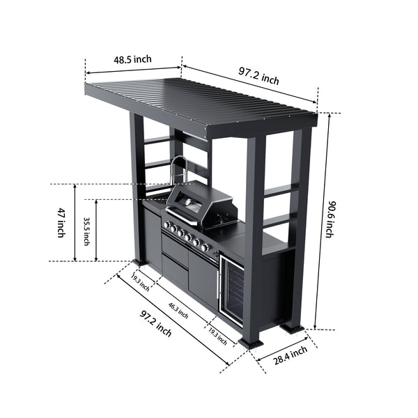 Cherylife NG 97-Inch 4-Burner 72,000 BTU Natural Gas Grill Island – Outdoor Kitchen with Wine Cooler, Refrigerator, Rotisserie, Granite Countertops & Storage