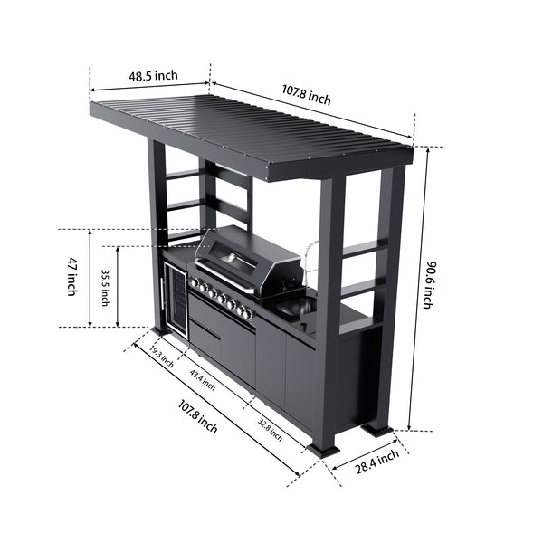 Cherylife NG 108-Inch 6-Burner 85,000 BTU Natural Gas Grill Island – Outdoor Kitchen with Wine Cooler, Refrigerator, Rotisserie, Granite Countertops & Storage