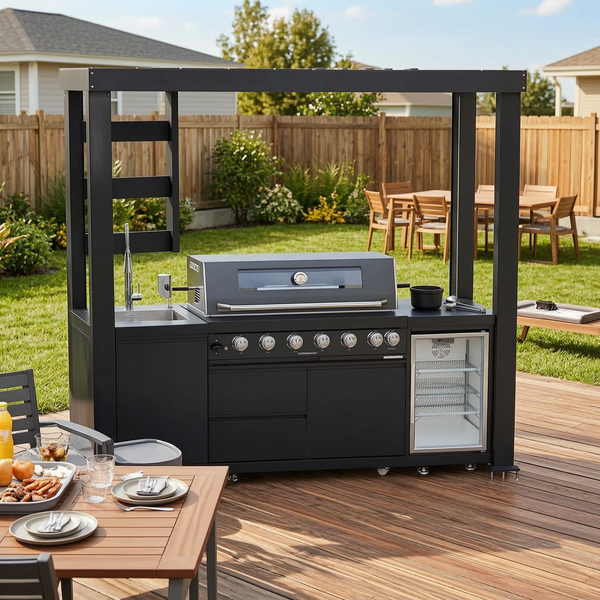 Cherylife 94-Inch 6-Burner 85,000 BTU Natural Gas Grill Island – Outdoor Kitchen with Wine Cooler, Refrigerator, Rotisserie, Granite Countertops & Storage
