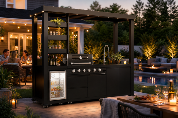 Cherylife NG 110-Inch 4-Burner 72,000 BTU Natural Gas Grill Island – Outdoor Kitchen with Wine Cooler, Compact Refrigerator, Rotisserie, Granite Countertops & Storage