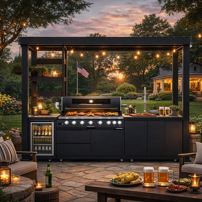 Cherylife NG 108-Inch 6-Burner 85,000 BTU Natural Gas Grill Island – Outdoor Kitchen with Wine Cooler, Refrigerator, Rotisserie, Granite Countertops & Storage