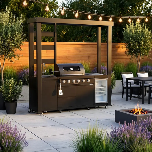 Cherylife NG 97-Inch 4-Burner 72,000 BTU Natural Gas Grill Island – Outdoor Kitchen with Wine Cooler, Refrigerator, Rotisserie, Granite Countertops & Storage