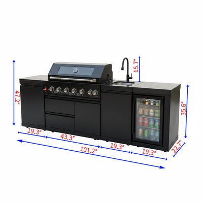 Cherylife 101-Inch 6-Burner 85,000 BTU Propane Gas Grill Island – Outdoor Kitchen with Wine Cooler, Refrigerator, Rotisserie, Marble Countertops & Sink