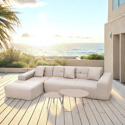 4 Piece Beige Outdoor Compressed Foam Sectional Sofa Lounger and Table Set