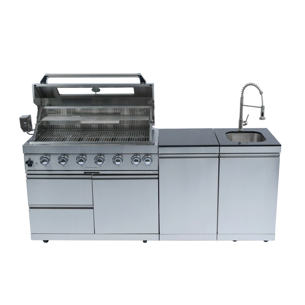Cherylife 85-Inch 6-Burner 85,000 BTU Gas Grill Island – Outdoor Kitchen with Rotisserie, Granite Countertops, Stainless Steel Sink/Faucet & Storage