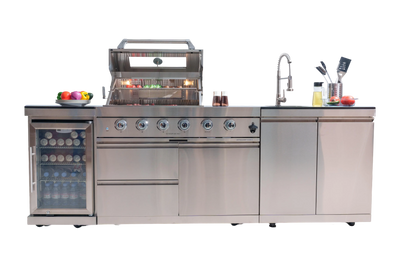 Cherylife 85-Inch 4-Burner 72,000 BTU Gas Grill Island – Outdoor Kitchen with Wine Cooler, Refrigerator, Rotisserie, Granite Countertops & Storage