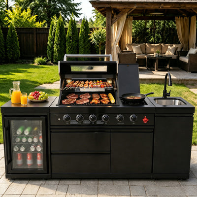 Cherylife 85-Inch 4-Burner 72,000 BTU Propane Gas Grill Island – Outdoor Kitchen with Wine Cooler, Refrigerator, Rotisserie, Marble Countertops & Sink