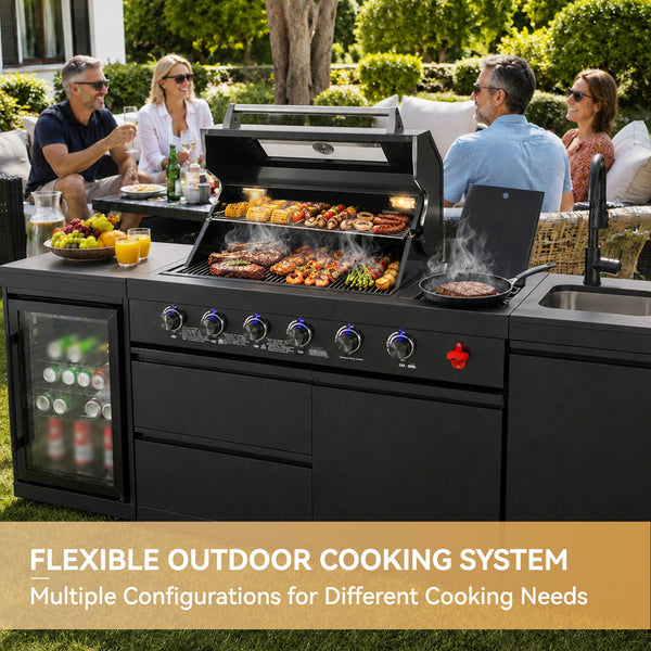 Cherylife 85-Inch 4-Burner 72,000 BTU Propane Gas Grill Island – Outdoor Kitchen with Wine Cooler, Refrigerator, Rotisserie, Marble Countertops & Sink