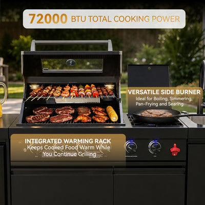 Cherylife 85-Inch 4-Burner 72,000 BTU Propane Gas Grill Island – Outdoor Kitchen with Wine Cooler, Refrigerator, Rotisserie, Marble Countertops & Sink