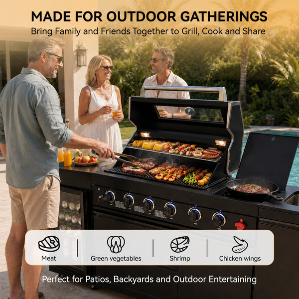 Cherylife 85-Inch 4-Burner 72,000 BTU Propane Gas Grill Island – Outdoor Kitchen with Wine Cooler, Refrigerator, Rotisserie, Marble Countertops & Sink