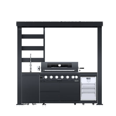 CheryLife 94-Inch 6-Burner 85000 BTU Deluxe Stainless Steel Gas Outdoor Kitchen Bar Barbecue Island Grill + Wine Cooler Compact Refrigerator + Rotisserie + Granite Countertops + Storage Cabinets & Drawers