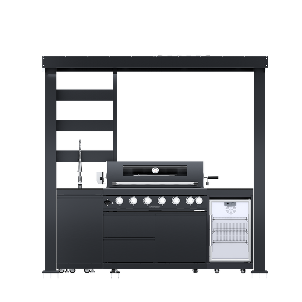 CheryLife 94-Inch 6-Burner 85000 BTU Deluxe Stainless Steel Gas Outdoor Kitchen Bar Barbecue Island Grill + Wine Cooler Compact Refrigerator + Rotisserie + Granite Countertops + Storage Cabinets & Drawers