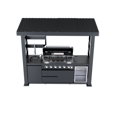 CheryLife 94-Inch 6-Burner 85000 BTU Deluxe Stainless Steel Gas Outdoor Kitchen Bar Barbecue Island Grill + Wine Cooler Compact Refrigerator + Rotisserie + Granite Countertops + Storage Cabinets & Drawers