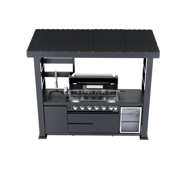 CheryLife 94-Inch 6-Burner 85000 BTU Deluxe Stainless Steel Gas Outdoor Kitchen Bar Barbecue Island Grill + Wine Cooler Compact Refrigerator + Rotisserie + Granite Countertops + Storage Cabinets & Drawers