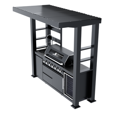 CheryLife 94-Inch 6-Burner 85000 BTU Deluxe Stainless Steel Gas Outdoor Kitchen Bar Barbecue Island Grill + Wine Cooler Compact Refrigerator + Rotisserie + Granite Countertops + Storage Cabinets & Drawers