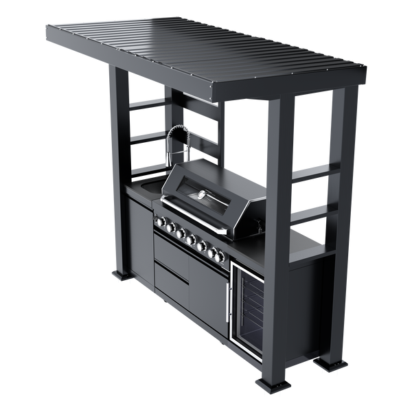 CheryLife 94-Inch 6-Burner 85000 BTU Deluxe Stainless Steel Gas Outdoor Kitchen Bar Barbecue Island Grill + Wine Cooler Compact Refrigerator + Rotisserie + Granite Countertops + Storage Cabinets & Drawers