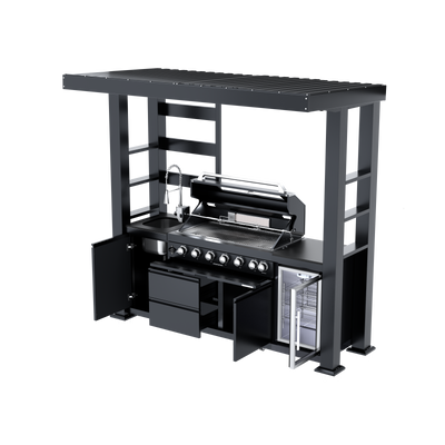 CheryLife 94-Inch 6-Burner 85000 BTU Deluxe Stainless Steel Gas Outdoor Kitchen Bar Barbecue Island Grill + Wine Cooler Compact Refrigerator + Rotisserie + Granite Countertops + Storage Cabinets & Drawers