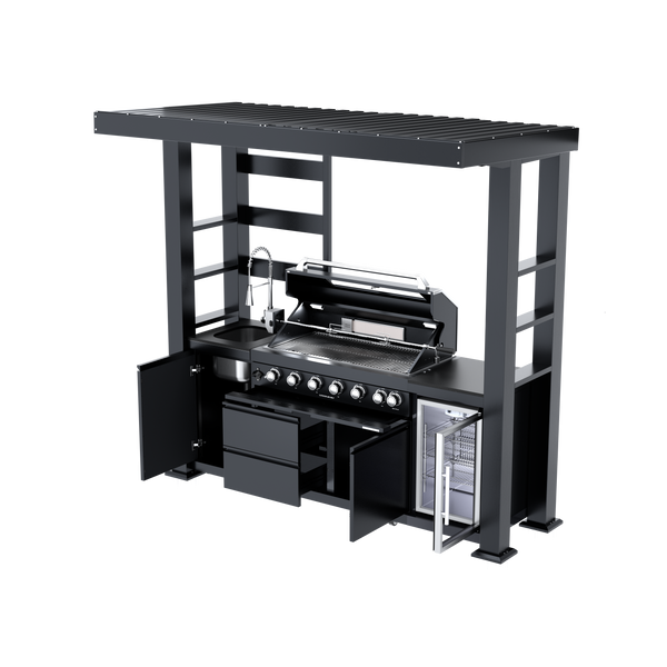CheryLife 94-Inch 6-Burner 85000 BTU Deluxe Stainless Steel Gas Outdoor Kitchen Bar Barbecue Island Grill + Wine Cooler Compact Refrigerator + Rotisserie + Granite Countertops + Storage Cabinets & Drawers