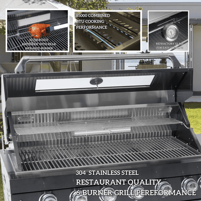 CheryLife 94-Inch 6-Burner 85000 BTU Deluxe Stainless Steel Gas Outdoor Kitchen Bar Barbecue Island Grill + Wine Cooler Compact Refrigerator + Rotisserie + Granite Countertops + Storage Cabinets & Drawers