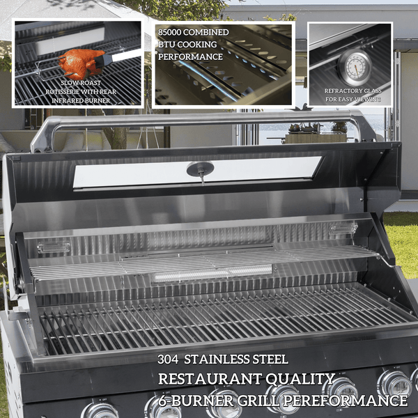 CheryLife 94-Inch 6-Burner 85000 BTU Deluxe Stainless Steel Gas Outdoor Kitchen Bar Barbecue Island Grill + Wine Cooler Compact Refrigerator + Rotisserie + Granite Countertops + Storage Cabinets & Drawers