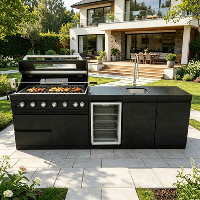 Cherylife 85-Inch 4-Burner 72,000 BTU Gas Grill Island – Outdoor Kitchen with Wine Cooler, Refrigerator, Rotisserie, Granite Countertops & Sink