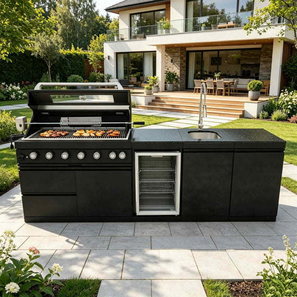 Cherylife 85-Inch 4-Burner 72,000 BTU Gas Grill Island – Outdoor Kitchen with Wine Cooler, Refrigerator, Rotisserie, Granite Countertops & Sink