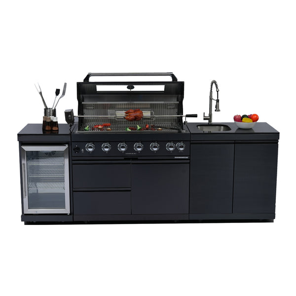 CheryLife 43-Inch 6-Burner 85000 BTU Deluxe Stainless Steel Gas Outdoor Kitchen Bar Barbecue Island Grill + Wine Cooler Compact Refrigerator + Rotisserie kit + Granite Countertops + Stainless steel Sink