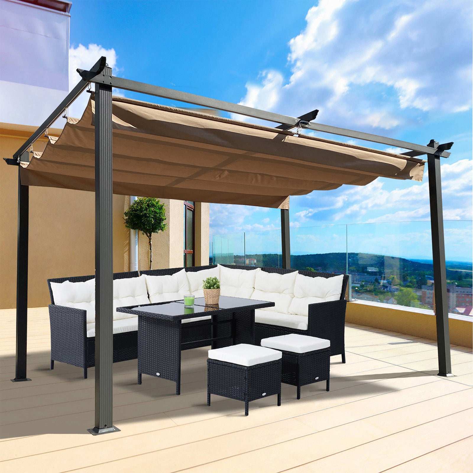 13 x 10 ft Aluminum Pergola With Canopy, Sun Shelter Retractable, Brown