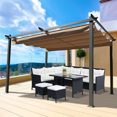 13 x 10 ft Aluminum Pergola With Canopy, Sun Shelter Retractable, Brown
