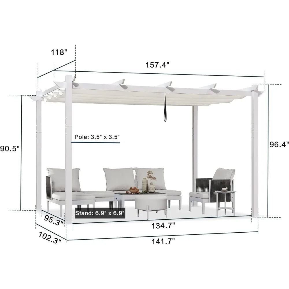 10 x 13 ft Outdoor Retractable Pergola, Modern Aluminum Frame with Canopy, White