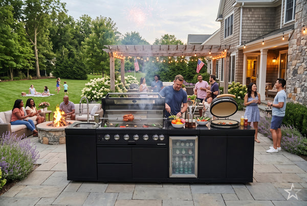 Cherylife SC2430A 115-Inch 6-Burner 85,000 BTU Gas Grill Island with 18" Kamado Charcoal Grill – Outdoor Kitchen with Wine Cooler, Refrigerator, Rotisserie, Granite Countertops & Storage