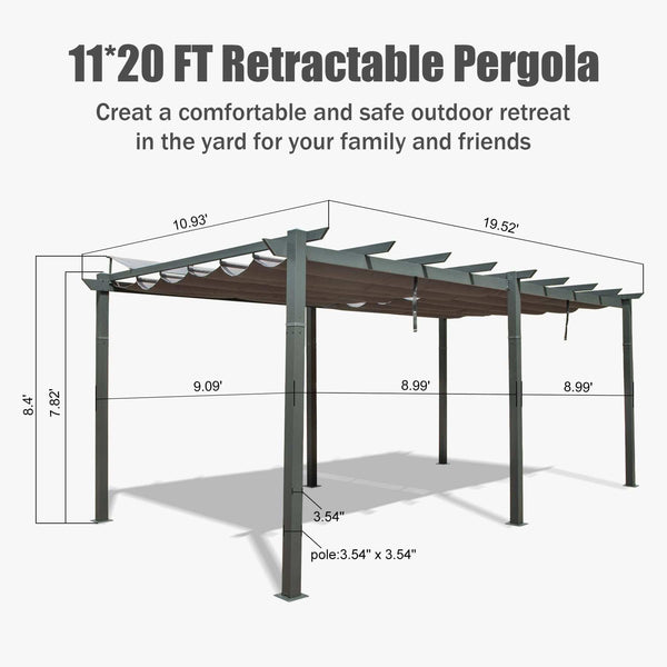 20x11 ft Outdoor Retractable Pergola With Canopy
