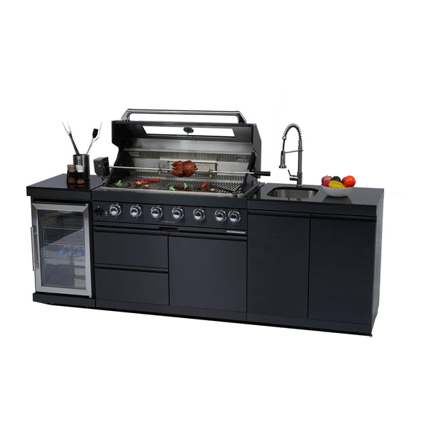 CheryLife 43-Inch 6-Burner 85000 BTU Deluxe Stainless Steel Gas Outdoor Kitchen Bar Barbecue Island Grill + Wine Cooler Compact Refrigerator + Rotisserie kit + Granite Countertops + Stainless steel Sink